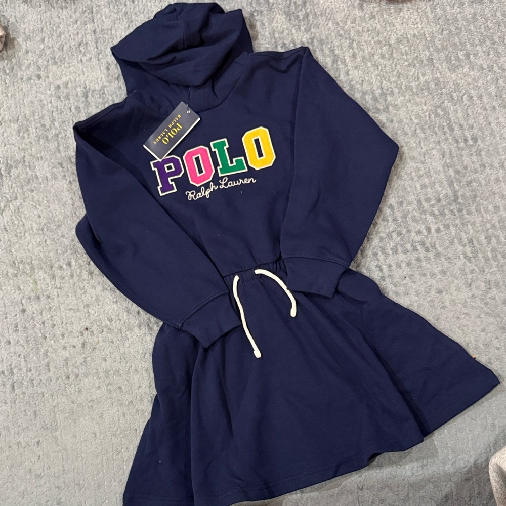 Ralph Lauren Navy Hoodie Dress with Colorblock POLO Logo